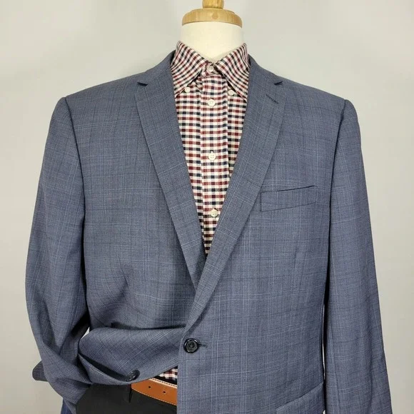 Egara Men's Sport Coat Blazer Two Button Navy Blue Plaid Wool Polyester Slim 50L